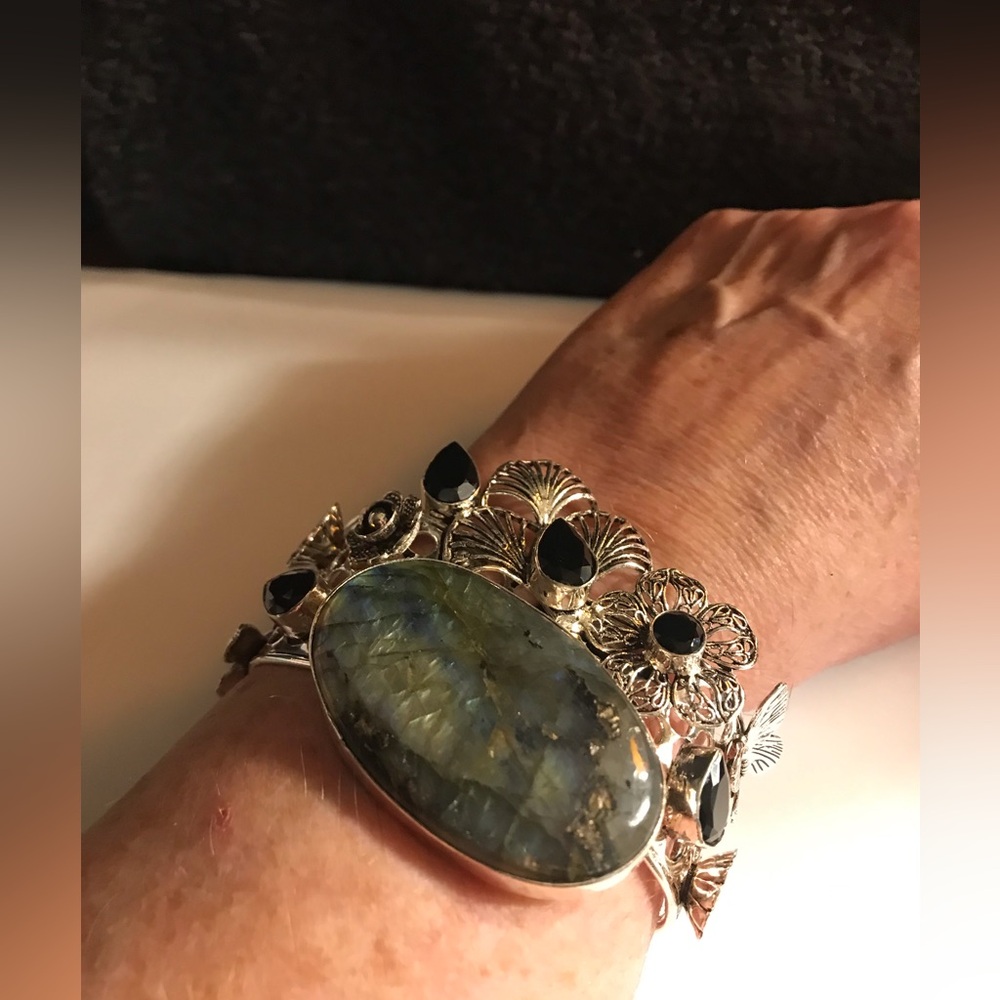 Labradorite Black Onyx Stamped 925 Sterling Silver Cuff Bracelet